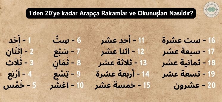 1'den 20'ye kadar Arapça rakamlar ve okunuşları