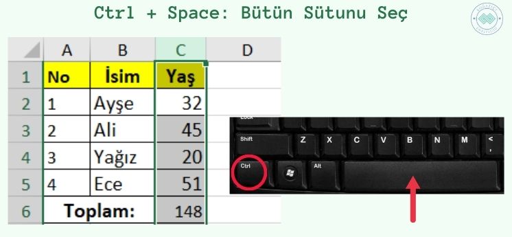 bütün sütunu seç komutu ctrl space en sık kullanılan excel kısayolları