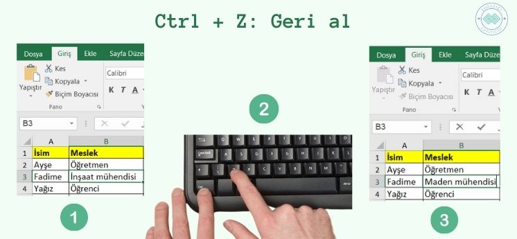 en sık kullanılan excel kısayolları geri al komutu