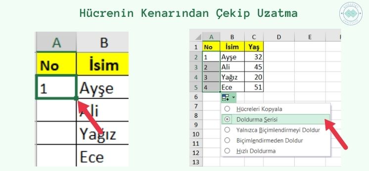 hücreyi kenarından çekip uzatma