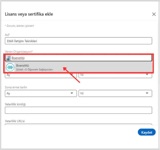 linkedin sertifika ekleme