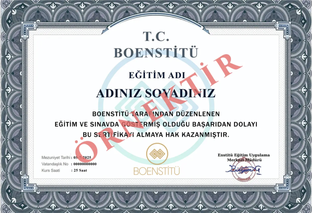 Türkçe sertifika örneği, yatay düzende ve üzerinde örnektir ibaresi var